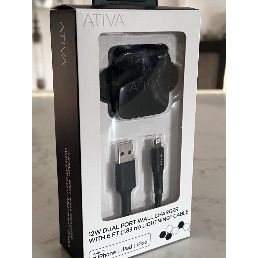 Ativa 12W Dual Port Wall Charger Black w/ 6 ft Tangle-Resistant  Cable